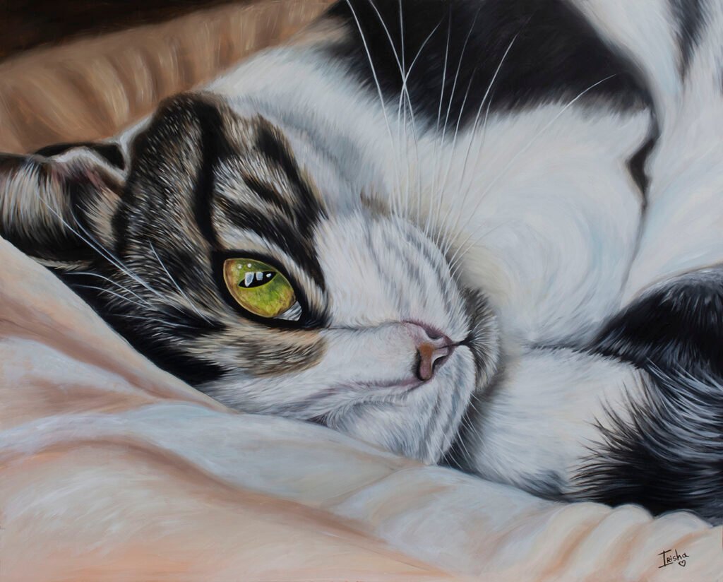 Hand-painted custom cat portrait of a curled-up cat looking out with one green eye – by Irisha