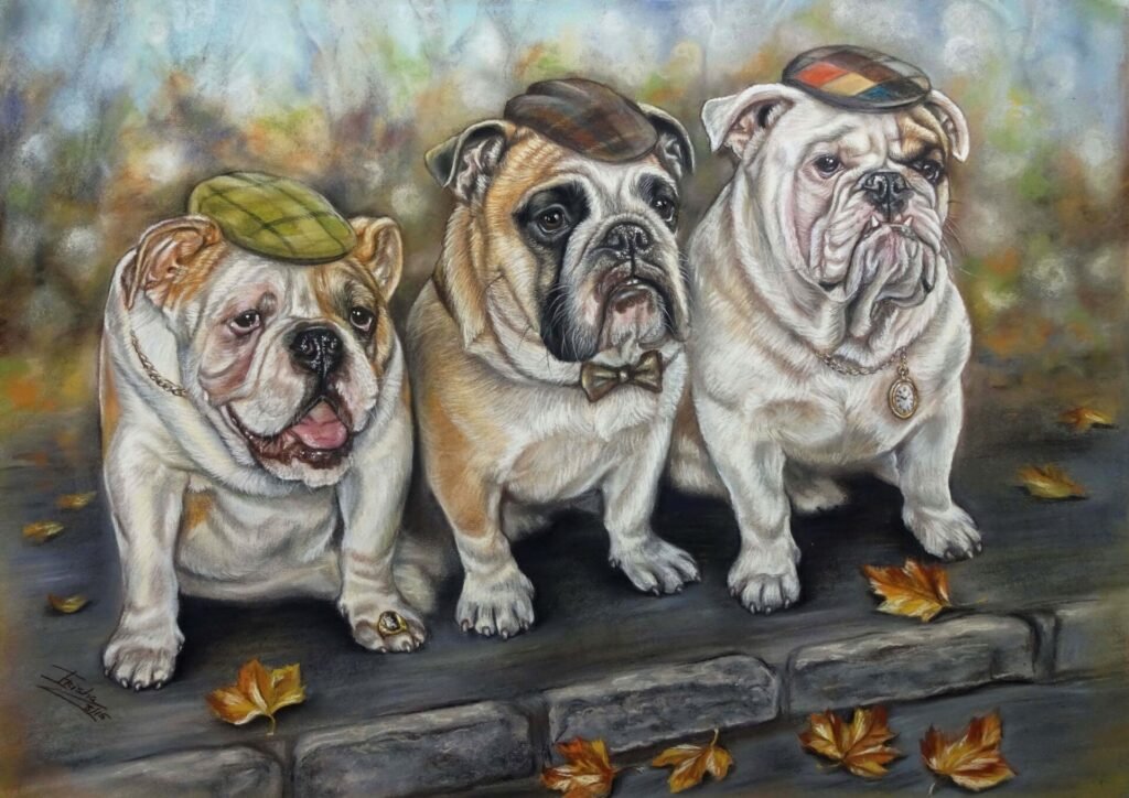 Humorous custom dog portrait of three English Bulldogs sitting by the curb wearing caps by Irisha