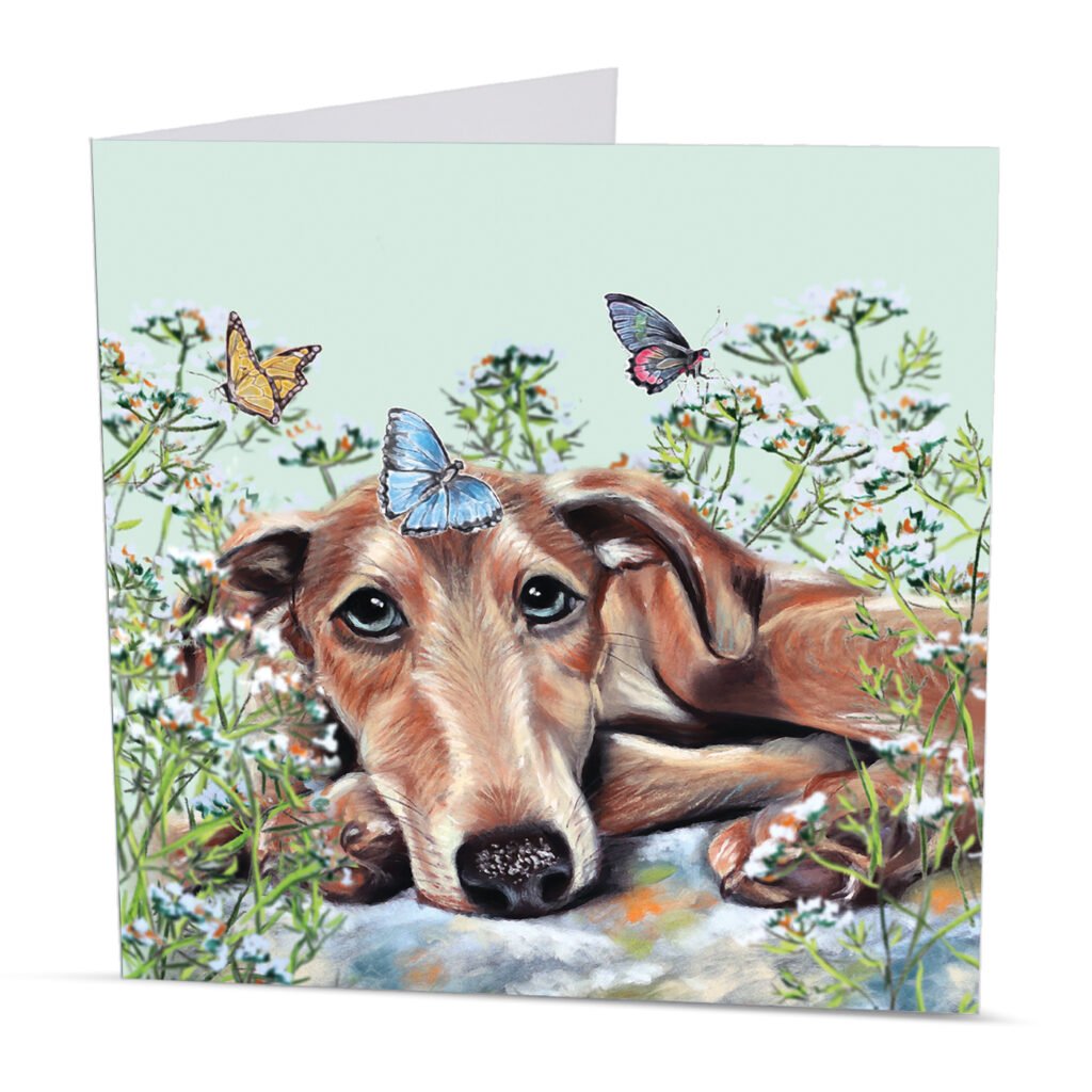 greeting card with Lurched dog surrounded by flowers and butterflies