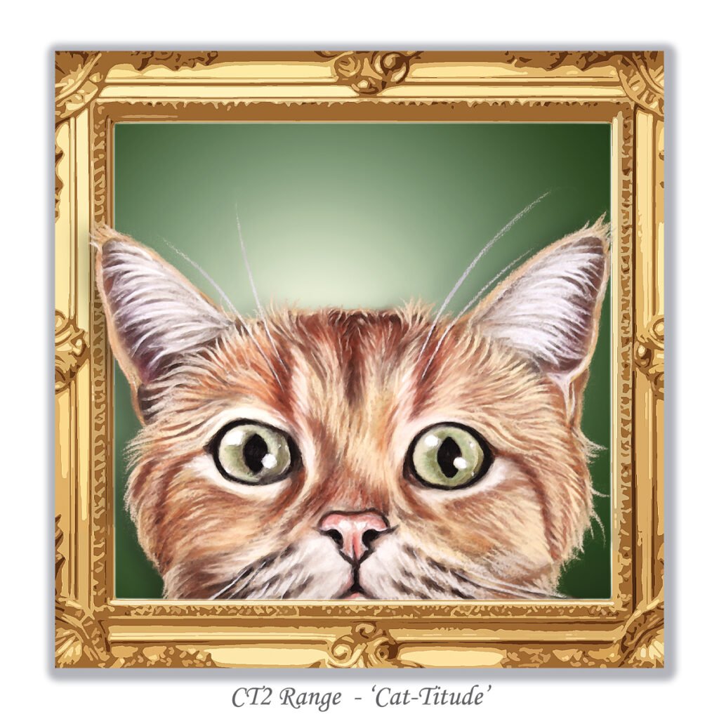 greeting card with ginger kitten with big green eyes
