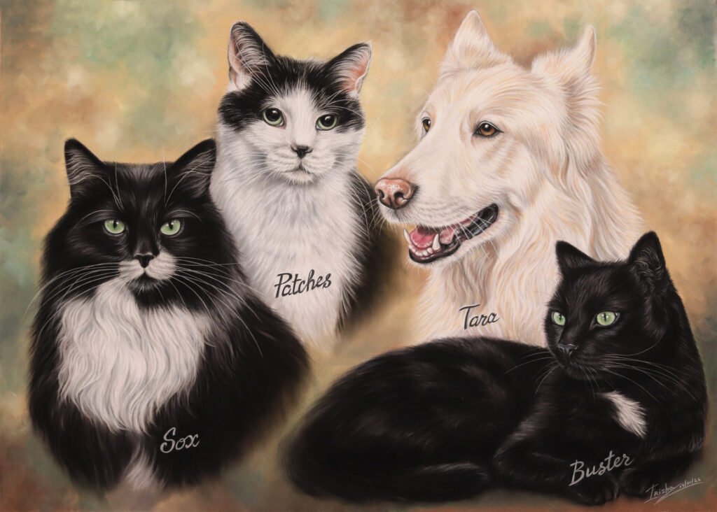 Custom multiple pet portrait featuring three cats and one dog, hand-painted pet portrait.