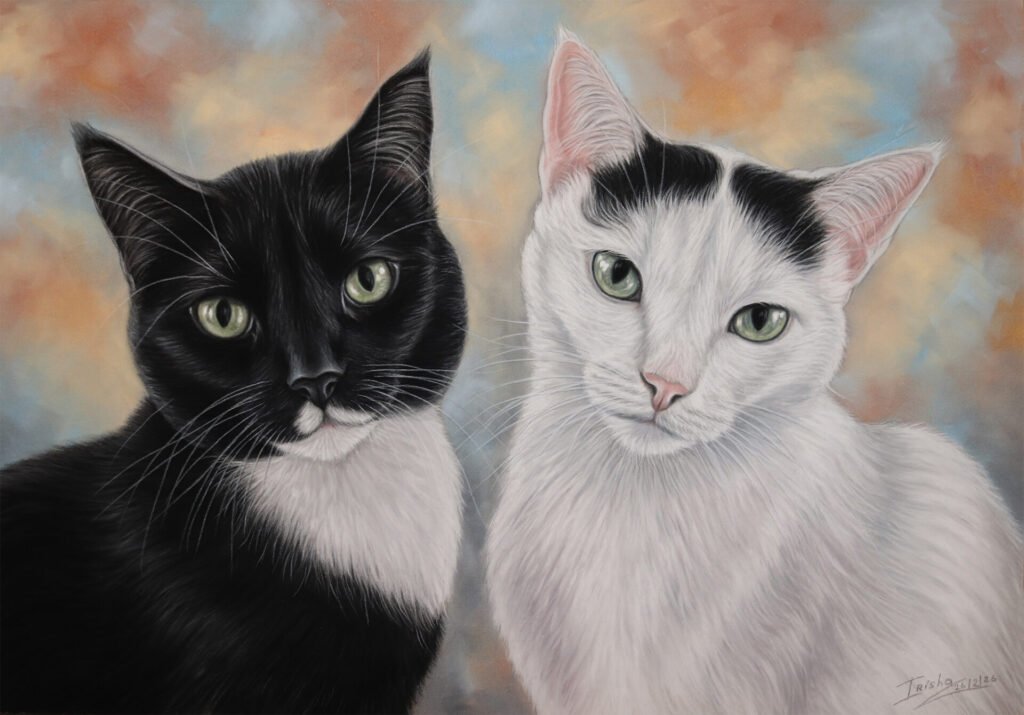 portrait of two cats created in classic style with pastel