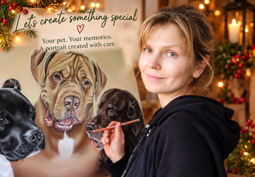 Pet portrait artist Irisha creating a hand-painted dog portrait for a Christmas commission