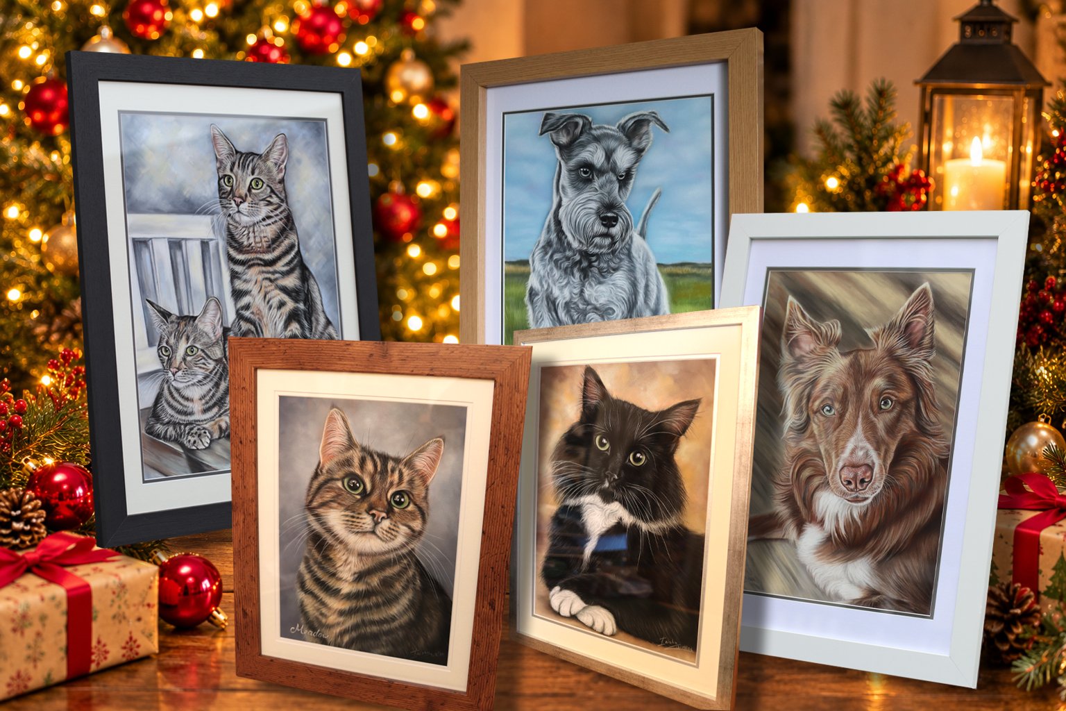 Pet portraits for Christmas displayed as personalised gifts for pet lovers