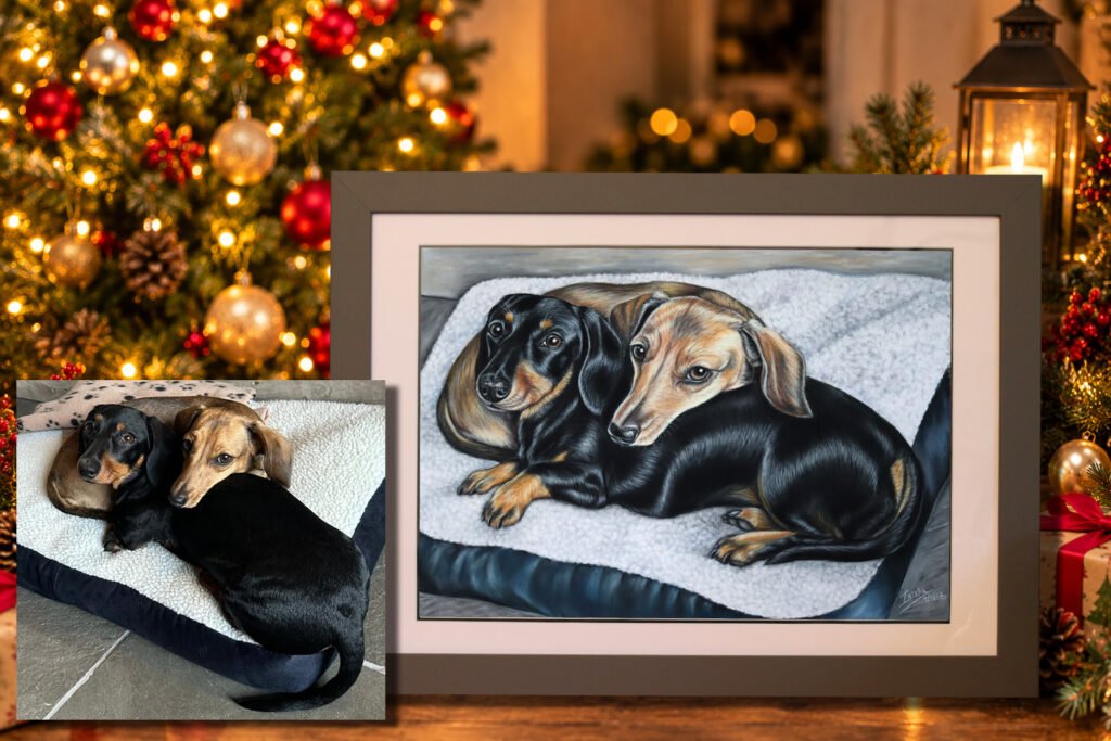 Custom portrait of two dogs created from photographs as a personalised Christmas gift